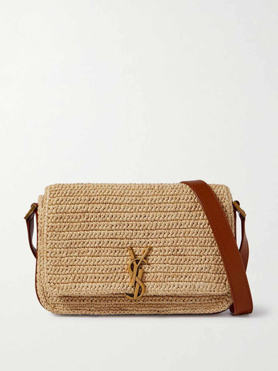 Saint Laurent Solferino medium leather-trimmed raffia shoulder bag at Collagerie