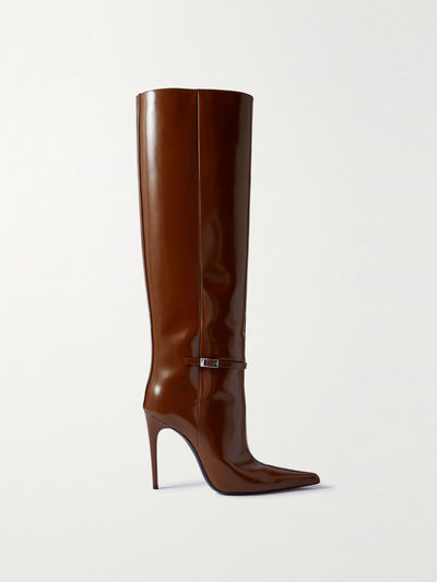 Saint Laurent Brown buckled glossed-leather knee-high boots at Collagerie