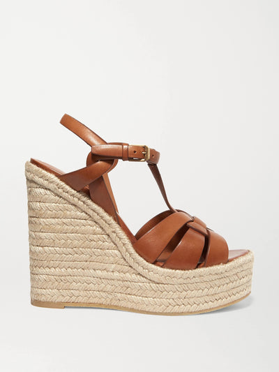 Saint Laurent Tan woven leather espadrille wedge sandals at Collagerie
