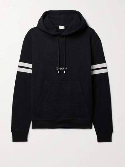 Saint Laurent Black striped embroidered cotton-jersey hoodie at Collagerie