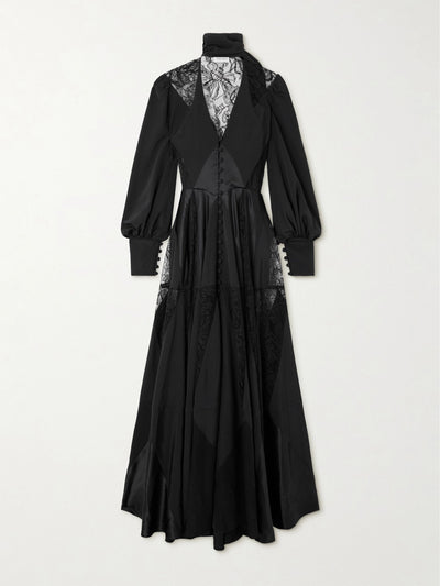 Salon 1884 Valtese tie-neck Chantilly lace and satin-trimmed silk-crepe gown at Collagerie