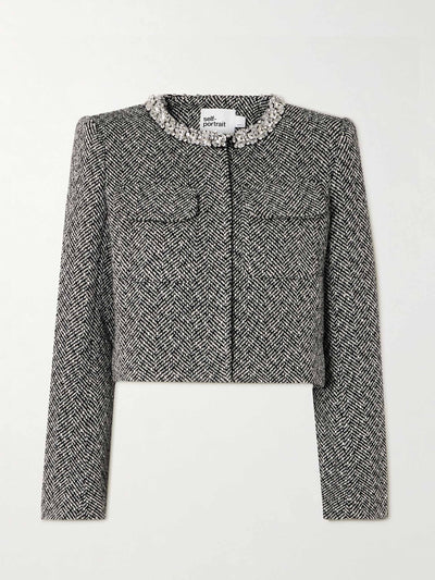 Self-Portrait Embellished cropped herringbone tweed jacket at Collagerie