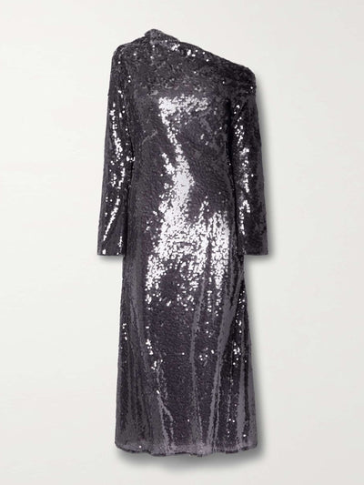 Self-Portrait Asymmetric sequined mesh midi dress at Collagerie