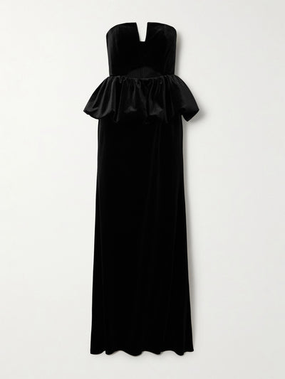 Self-Portrait Strapless cutout velvet peplum maxi dress at Collagerie
