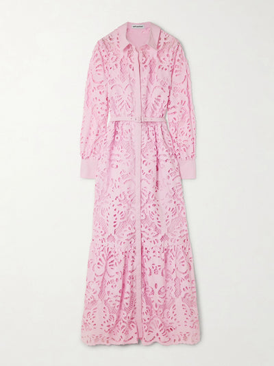 Self-Portrait Belted tiered broderie anglaise cotton maxi shirt dress at Collagerie