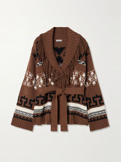 Simkhai Elwood belted fringed intarsia wool and cashmere-blend cardigan at Collagerie
