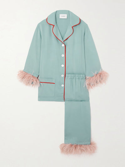 Sleeper Light blue feather-trimmed twill pajama set at Collagerie