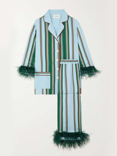 Sleeper Feather-trimmed striped crepe pyjama set at Collagerie