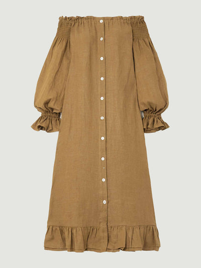 Sleeper + Net Sustain Off-the-shoulder linen midi dress in Chocolate at Collagerie