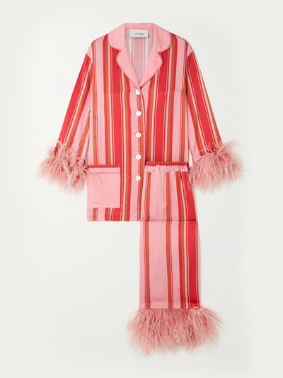 Sleeper Party feather-trimmed striped charmeuse pyjama set at Collagerie