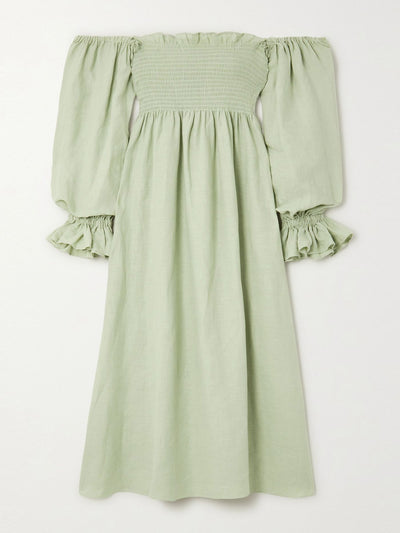 Sleeper + Net Sustain Light Green off-the-shoulder shirred organic linen midi dress at Collagerie