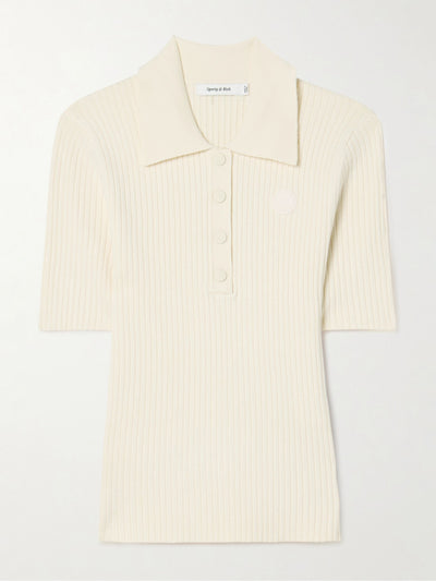 Sporty & Rich Appliquéd ribbed-knit polo shirt at Collagerie