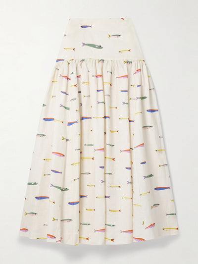 Staud Procida gathered printed linen maxi skirt at Collagerie