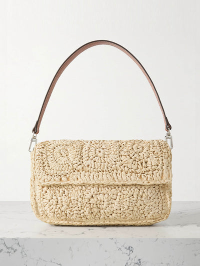 Staud Timmy leather-trimmed crocheted raffia shoulder bag at Collagerie