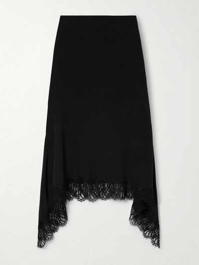 Stella Mccartney Asymmetric lace-trimmed silk-crepe skirt at Collagerie