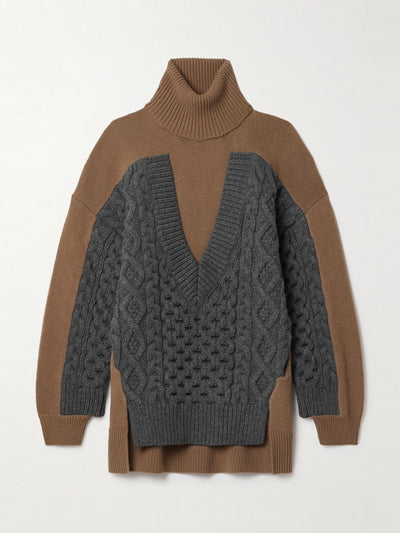 Stella McCartney Paneled ribbed and cable-knit wool turtleneck sweater at Collagerie