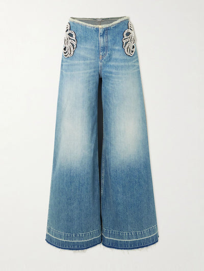 Stella McCartney Cutout crystal-embellished frayed mid-rise wide-leg organic jeans at Collagerie