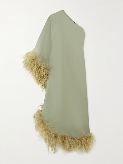 Taller Marmo Green one-shoulder feather-trimmed crepe maxi dress at Collagerie