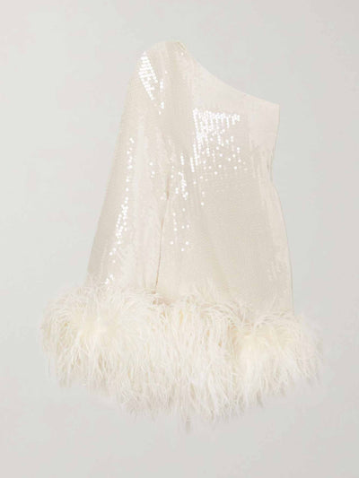 Taller Marmo White one-shoulder feather-trimmed sequined chiffon dress at Collagerie