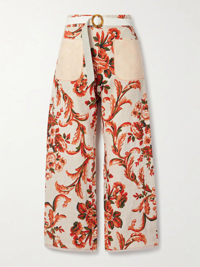 Thank You Have A Good Day Cotton-jacquard and leather-trimmed floral-print cotton-canvas wide-leg pants at Collagerie