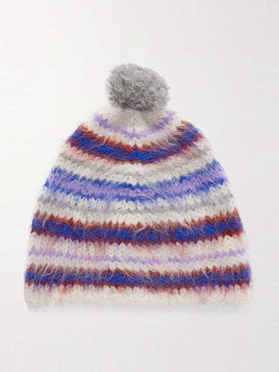 The Elder Statesman Thistle pompom-embellished striped brushed alpaca-blend beanie at Collagerie