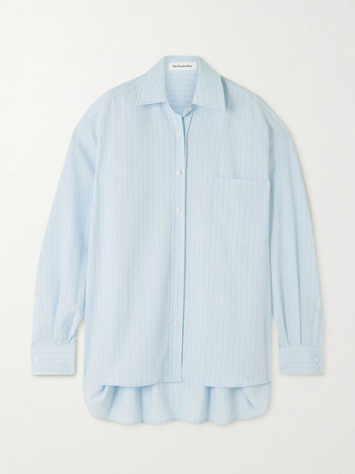 The Frankie Shop Blue oversized striped crepe de chine shirt at Collagerie