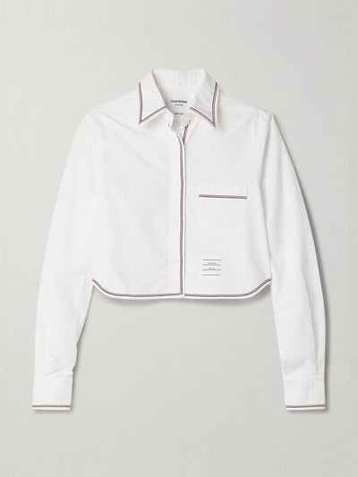 Thom Browne Cropped grosgrain-trimmed cotton Oxford shirt at Collagerie