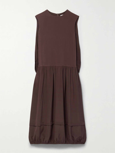 Tibi Brown cape-effect tiered organic silk midi dress at Collagerie