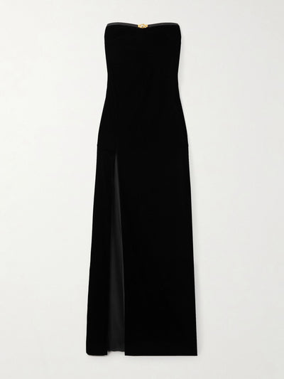 Tom Ford Strapless embellished leather-trimmed velvet gown at Collagerie