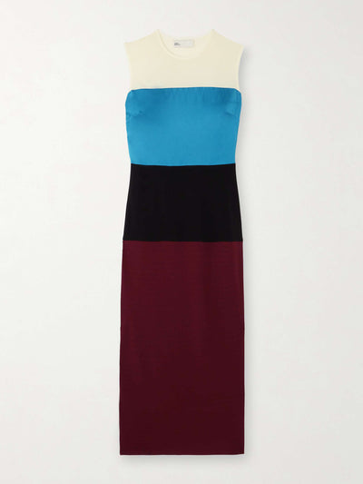 Tory Burch Color-block stretch-mesh, jersey and satin midi dress at Collagerie