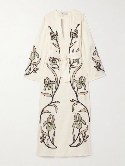 Tory Burch Belted appliquéd cotton-trimmed linen kaftan at Collagerie