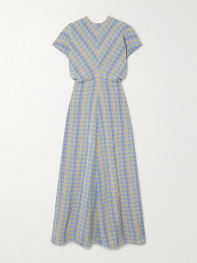 Totême Gathered checked linen-blend maxi dress at Collagerie