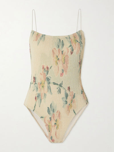 Totême Shirred floral-print recycled swimsuit at Collagerie