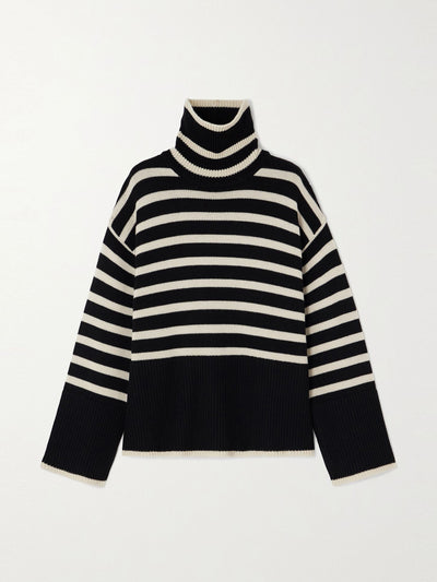 Totême Black striped wool-blend turtleneck sweater at Collagerie