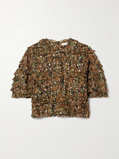 Ulla Johnson Carmella ruffled printed metallic fil coupé silk-blend crepon blouse at Collagerie