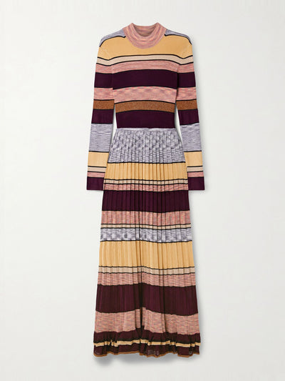 Ulla Johnson Evangeline striped pleated metallic knit turtleneck maxi dress at Collagerie