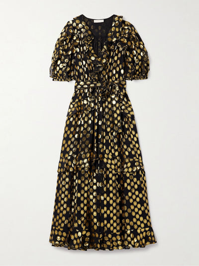 Ulla Johnson Tida belted metallic fil coupé silk-blend crepe de chine midi dress at Collagerie