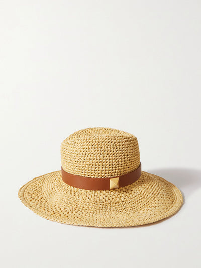 Valentino Garavani Roman Stud leather-trimmed straw fedora at Collagerie