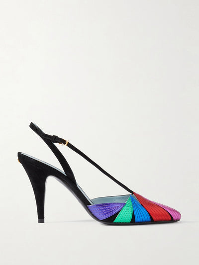 Valentino Garavani 90 appliquéd metallic leather-trimmed suede slingback pumps at Collagerie