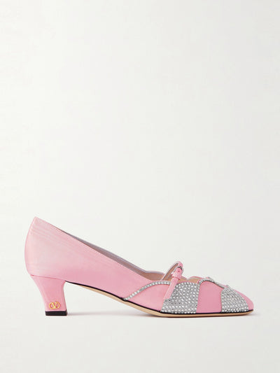 Valentino Garavani Bowow 45 crystal-embellished metallic suede-trimmed moiré pumps at Collagerie