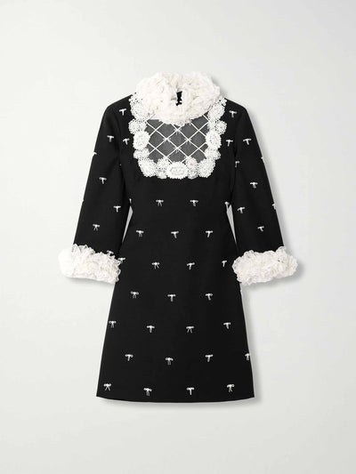 Valentino Garavani Ruffled bow-detailed embellished mesh-trimmed wool and silk-blend crepe mini dress at Collagerie