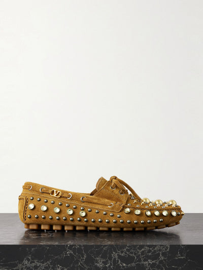 Valentino Garavani Fastaway embellished suede loafers at Collagerie