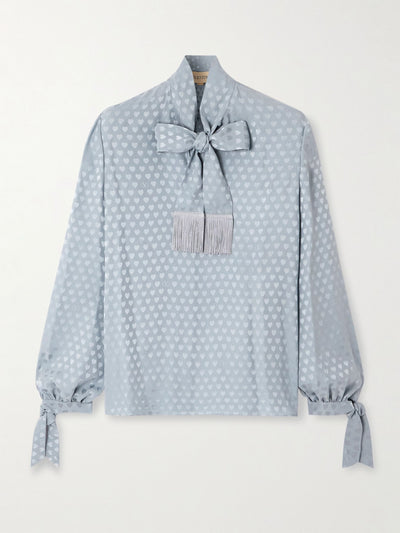 Valentino Garavani Fringed tie-neck silk-jacquard blouse at Collagerie