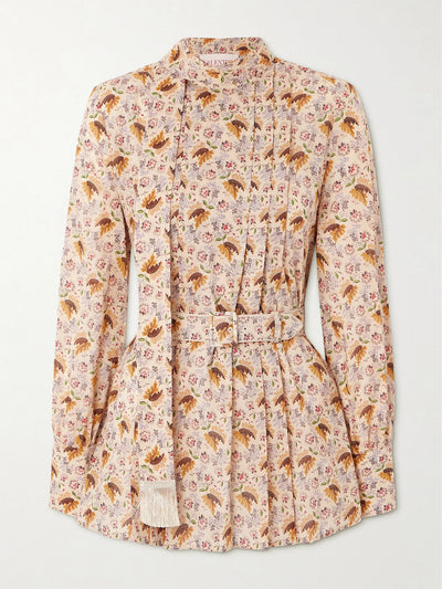 Valentino Garavani Tie-neck belted pleated floral-print cotton-muslin blouse at Collagerie