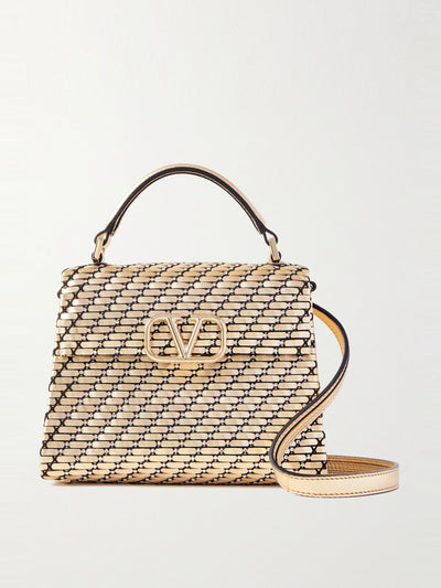 Valentino Garavani VSLING mini crystal-embellished woven metallic leather shoulder bag at Collagerie