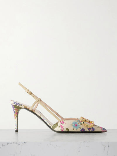 Valentino Garavani VLogo 80 embellished leather-trimmed floral-print moiré slingback pumps at Collagerie
