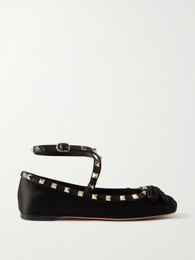 Valentino Garavani Rockstud leather-trimmed satin ballet flats at Collagerie