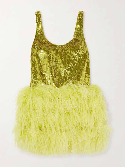 Valentino Feather-trimmed sequined tulle mini dress at Collagerie