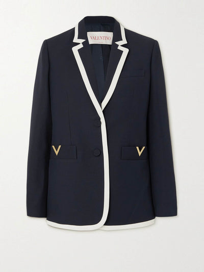 Valentino Navy embellished wool and silk-blend crepe blazer at Collagerie