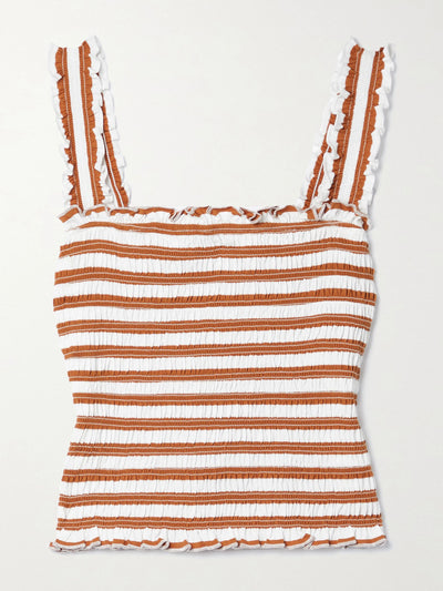 Veronica Beard Brown shirred striped cotton-jersey top at Collagerie